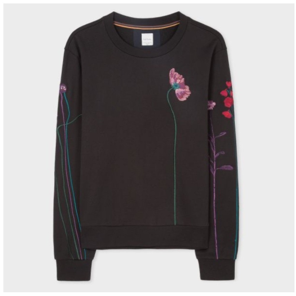 Paul Smith Mens Black Embroidered Floral Loopback Cotton Sweatshirt Size Large